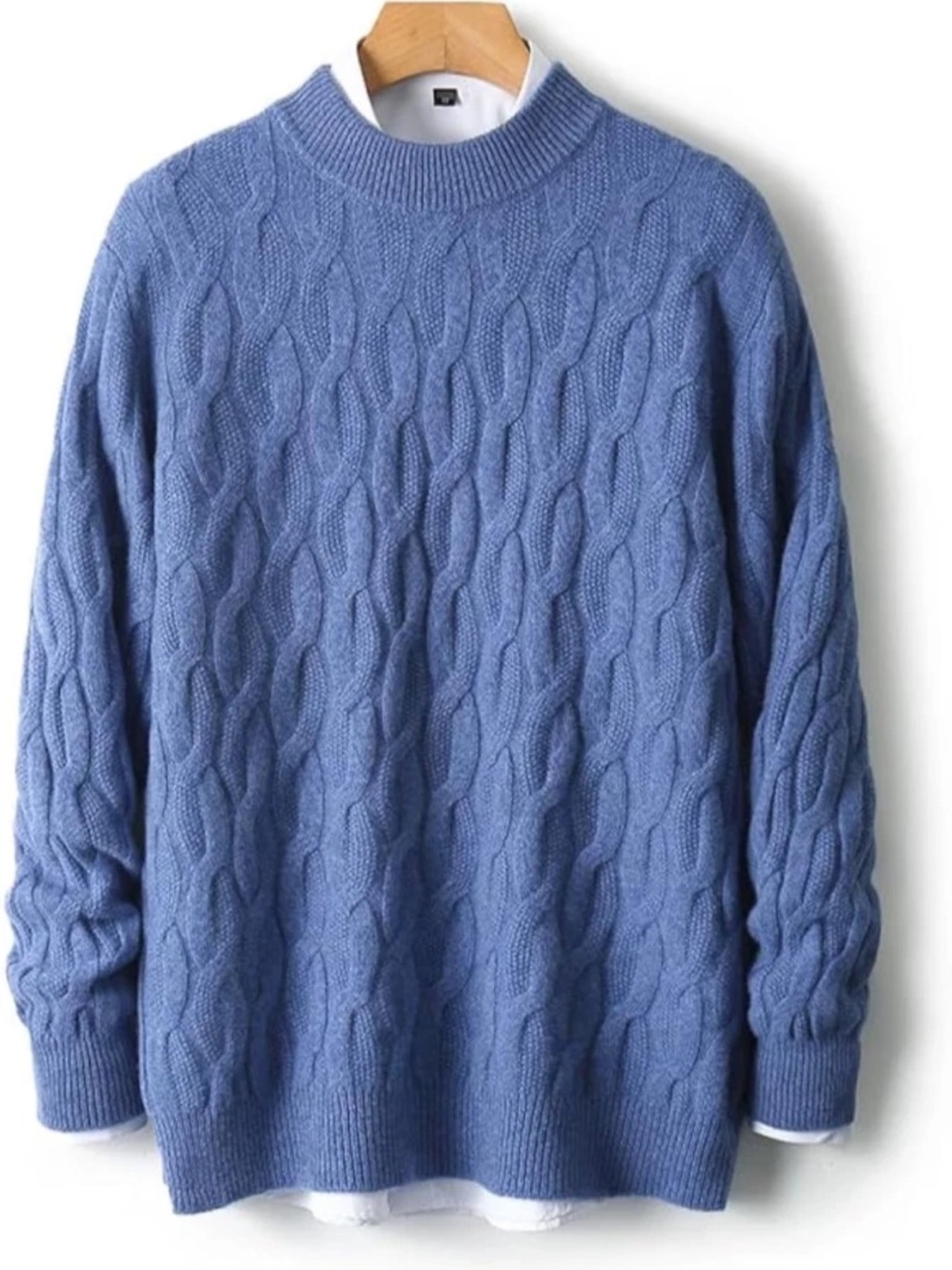 Women’s Merino Wool Blend Mock Neck Cable-Knit Sweater Blue Size Large